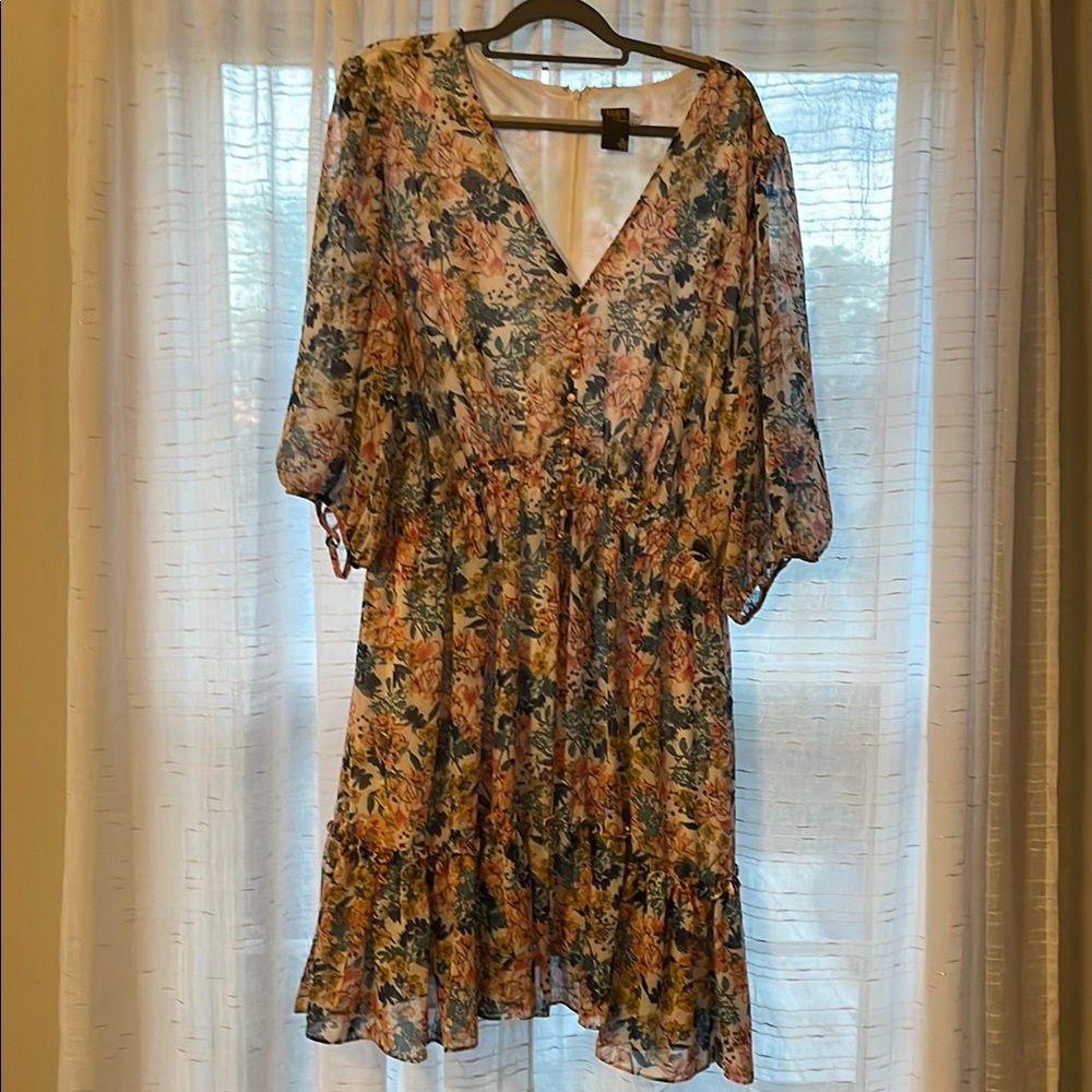 Taylor Orange Brown Tiered Midi Dress with Bishop Sleeves